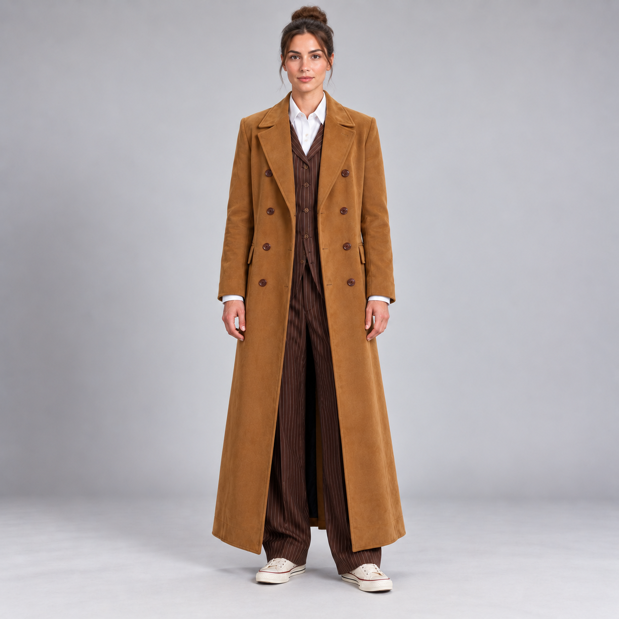 Women's Camel Brown Double Breasted Maxi Coat – Cotton Ankle Length Long Overcoat with Wide Notched Lapels, Vintage Inspired