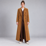 Women's Camel Brown Double Breasted Maxi Coat – Cotton Ankle Length Long Overcoat with Wide Notched Lapels, Vintage Inspired