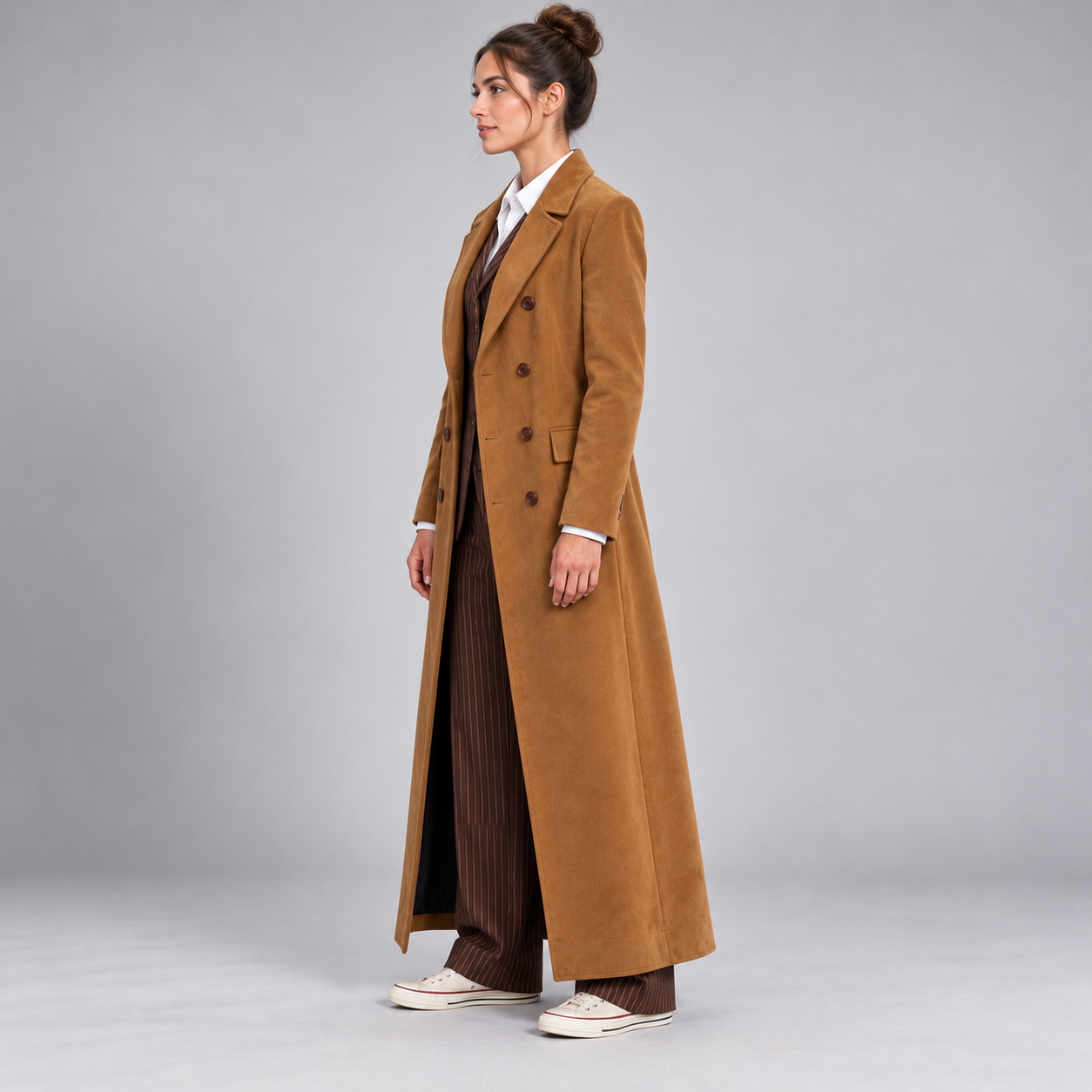 Women's Camel Brown Double Breasted Maxi Coat – Cotton Ankle Length Long Overcoat with Wide Notched Lapels, Vintage Inspired