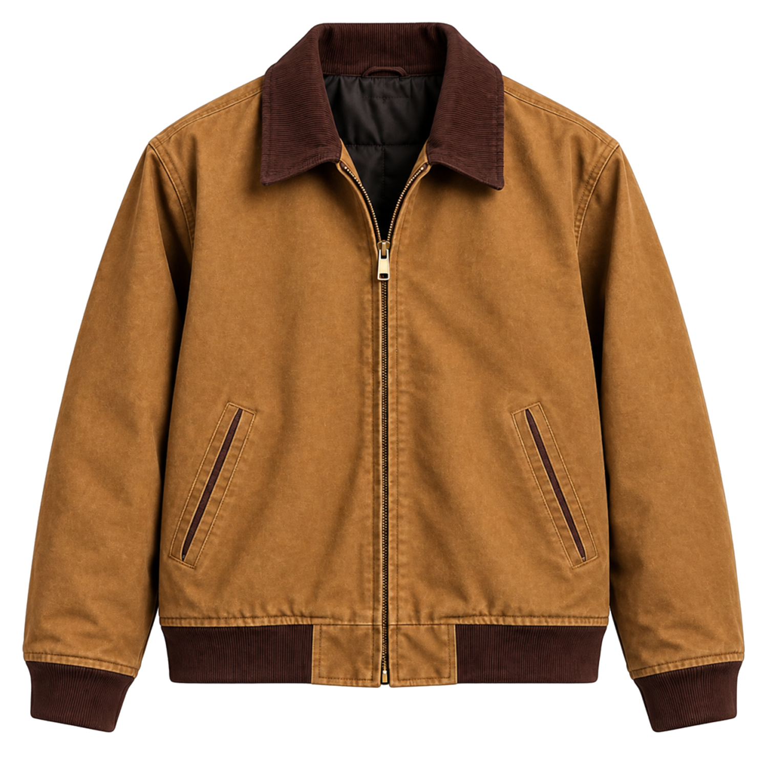 Men’s Camel Brown Bomber Jacket with Contrast Collar Rugged Vintage & Classic Workwear Style