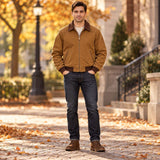 Men’s Camel Brown Bomber Jacket with Contrast Collar Rugged Vintage & Classic Workwear Style