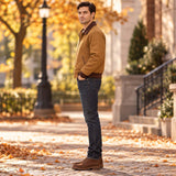 Men’s Camel Brown Bomber Jacket with Contrast Collar Rugged Vintage & Classic Workwear Style