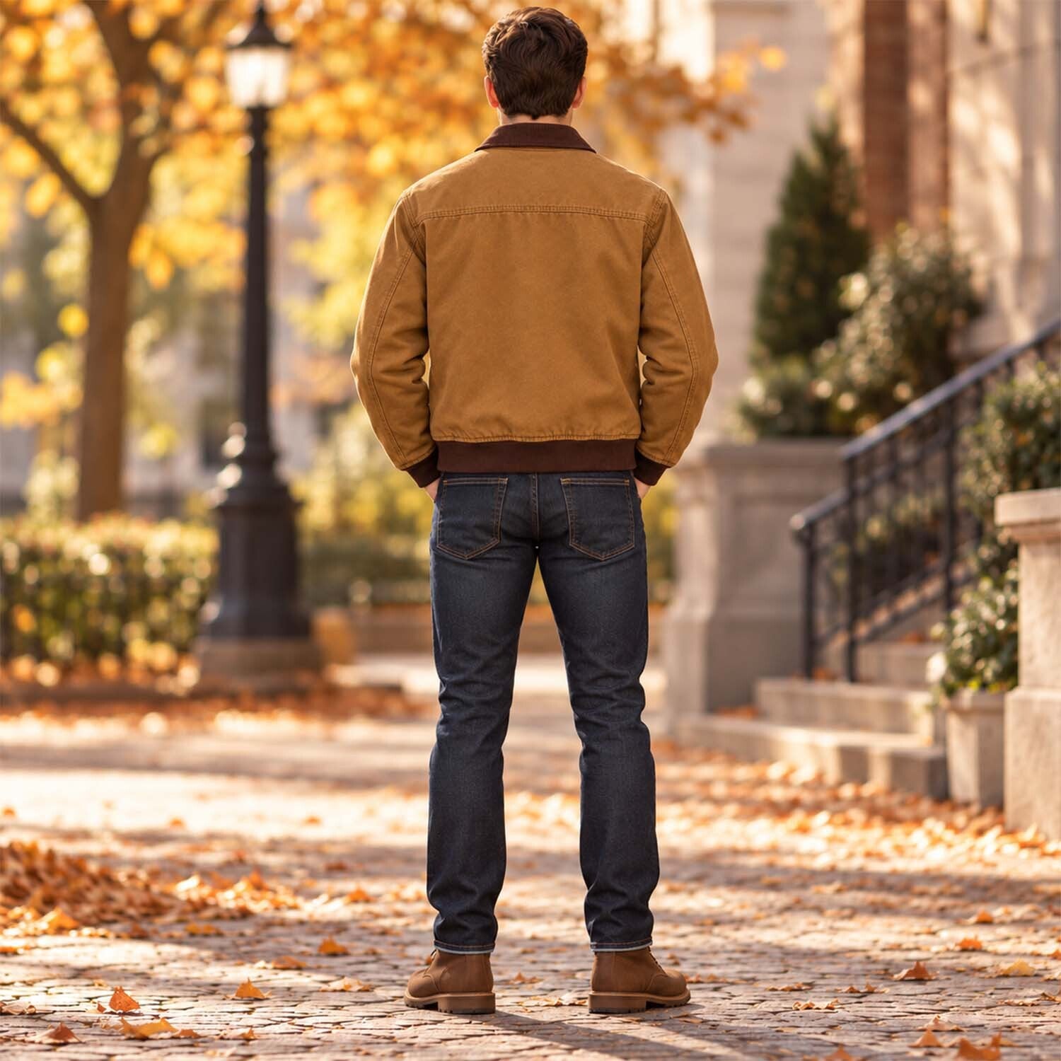 Men’s Camel Brown Bomber Jacket with Contrast Collar Rugged Vintage & Classic Workwear Style