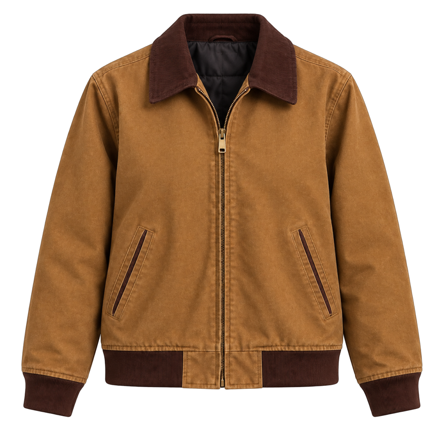 Women’s Camel Brown Bomber Jacket with Contrast Collar – Rugged Vintage & Classic Workwear Style