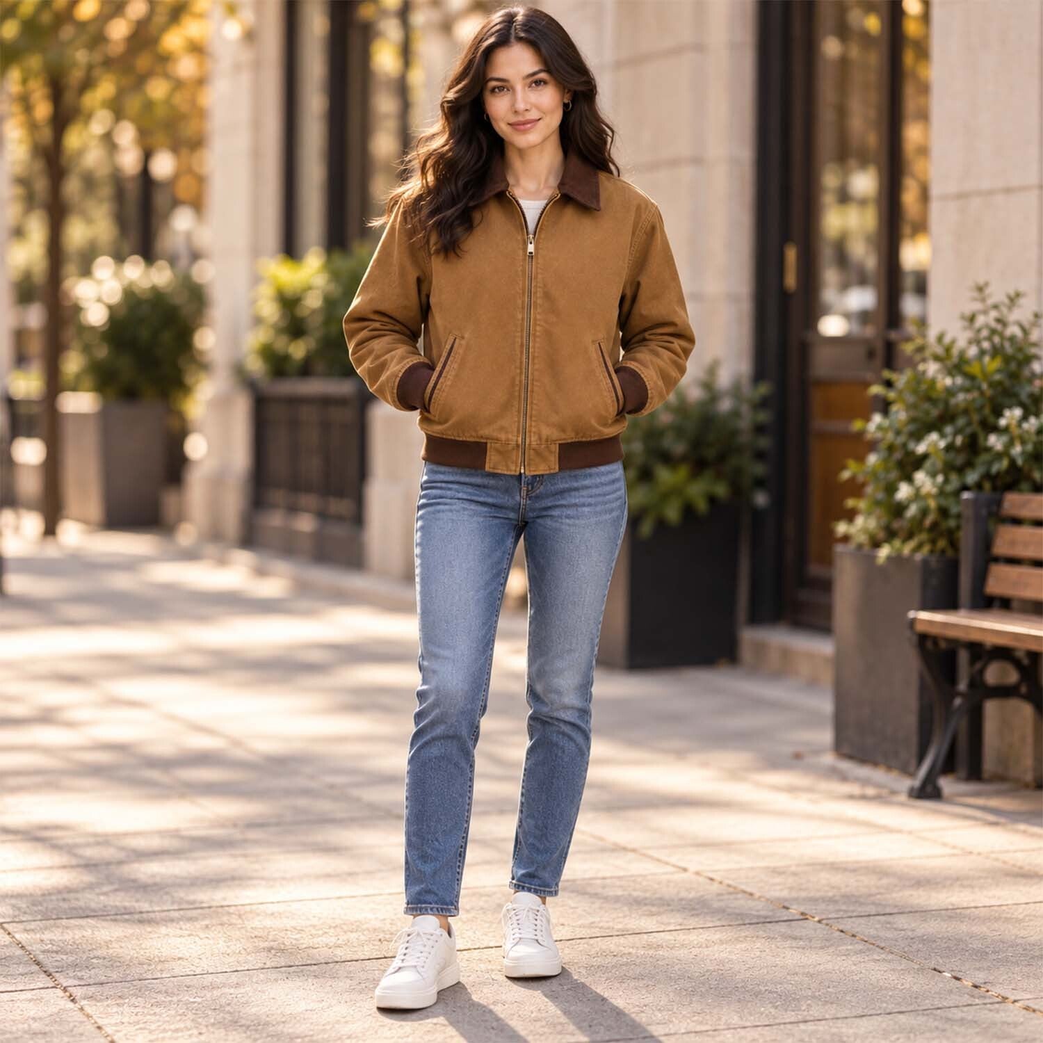 Women’s Camel Brown Bomber Jacket with Contrast Collar – Rugged Vintage & Classic Workwear Style