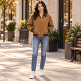 Women’s Camel Brown Bomber Jacket with Contrast Collar – Rugged Vintage & Classic Workwear Style