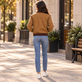 Women’s Camel Brown Bomber Jacket with Contrast Collar – Rugged Vintage & Classic Workwear Style