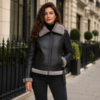 Women’s Black Shearling Leather Aviator Jacket | Warm Winter Zip Jacket