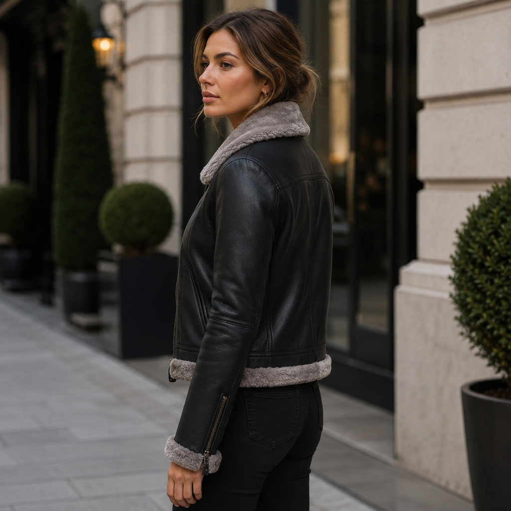 Women’s Black Shearling Leather Aviator Jacket | Warm Winter Zip Jacket