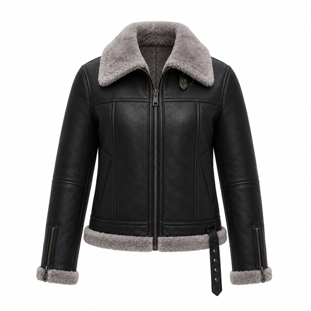 Women’s Black Shearling Leather Aviator Jacket | Warm Winter Zip Jacket