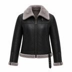 Women’s Black Shearling Leather Aviator Jacket | Warm Winter Zip Jacket