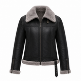 Women's Black Shearling Leather Jacket | Gray Faux Fur Collar
