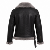 Women's Black Shearling Leather Jacket | Gray Faux Fur Collar