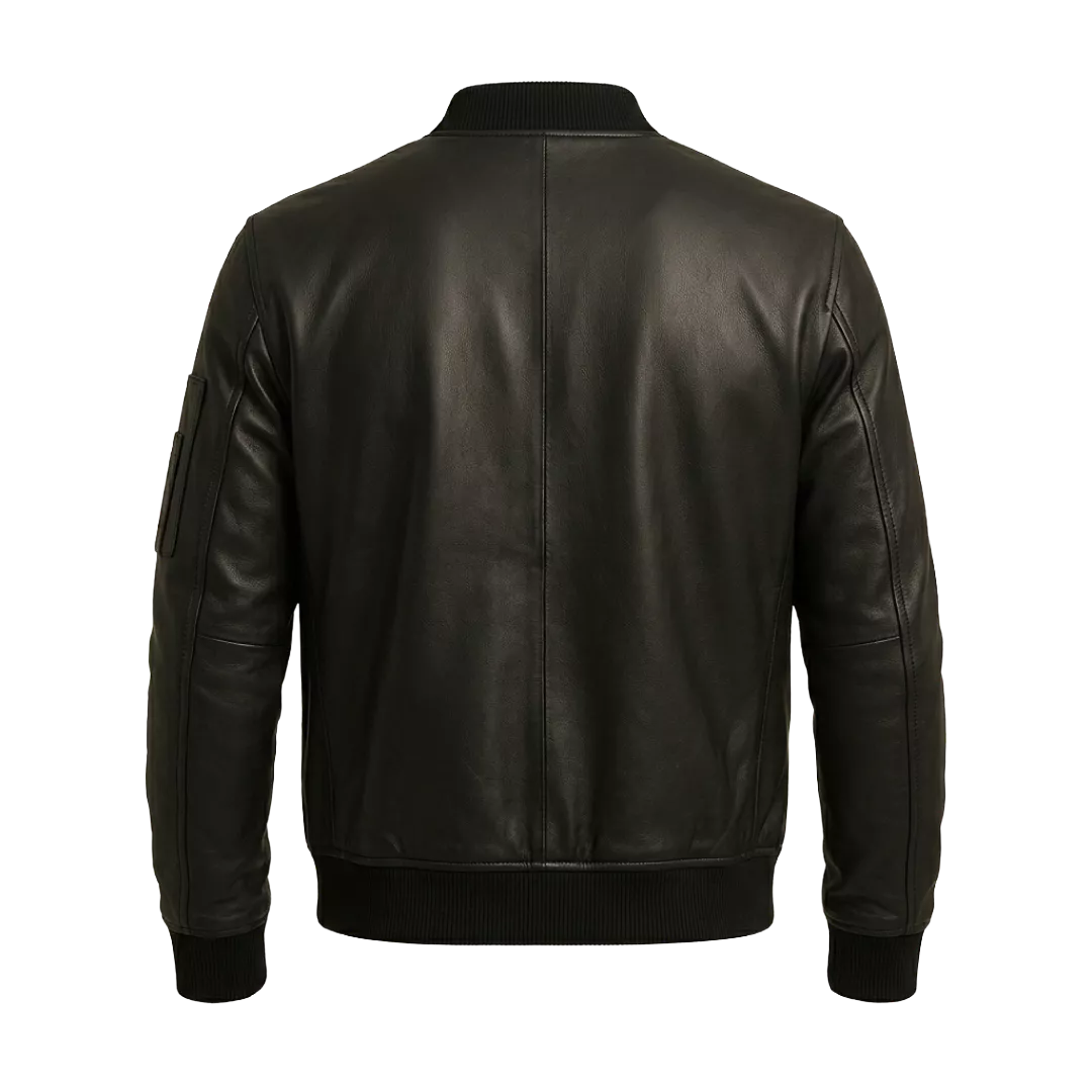 Men’s Black Leather Bomber Jacket with Utility Sleeve Pocket