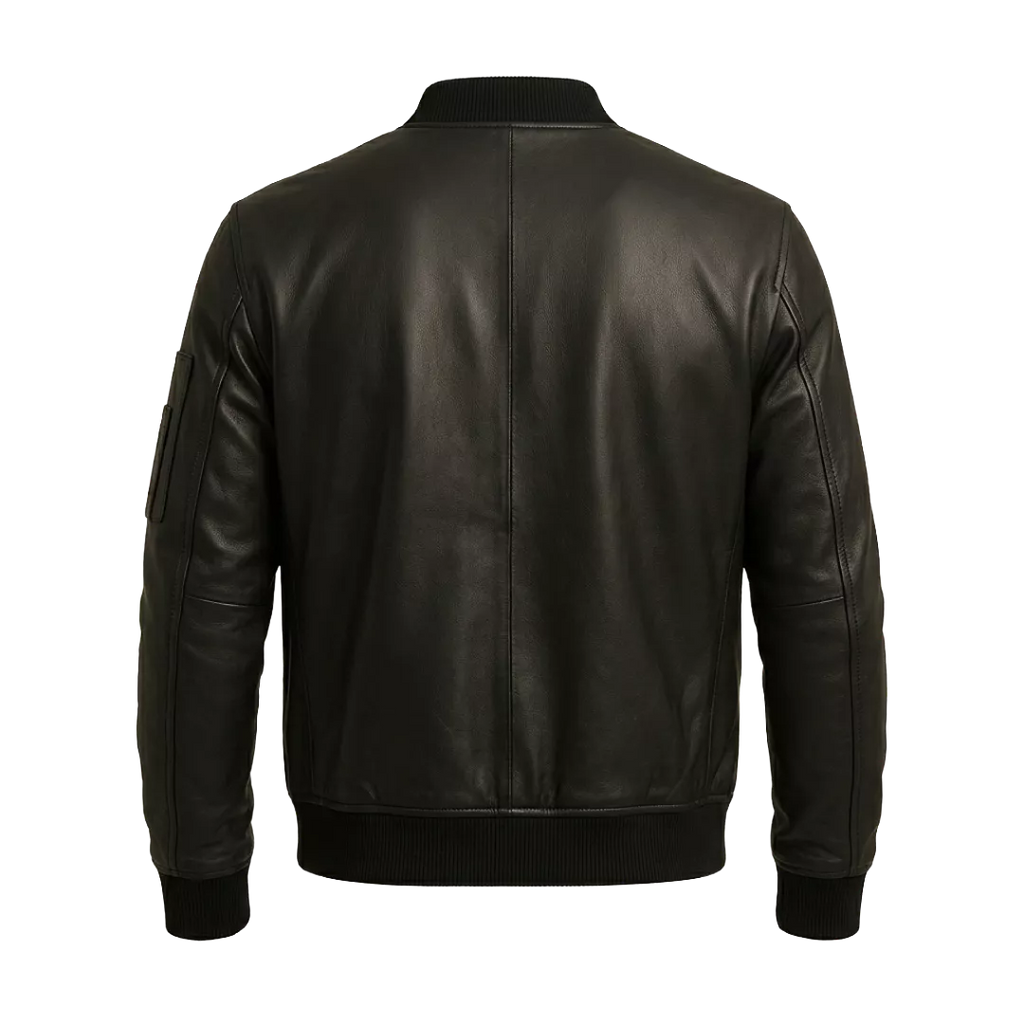 Men’s Black Lambskin Leather Bomber Jacket – Minimalist Zip-Up Casual Leather Jacket