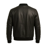 Men’s Black Leather Bomber Jacket with Utility Sleeve Pocket