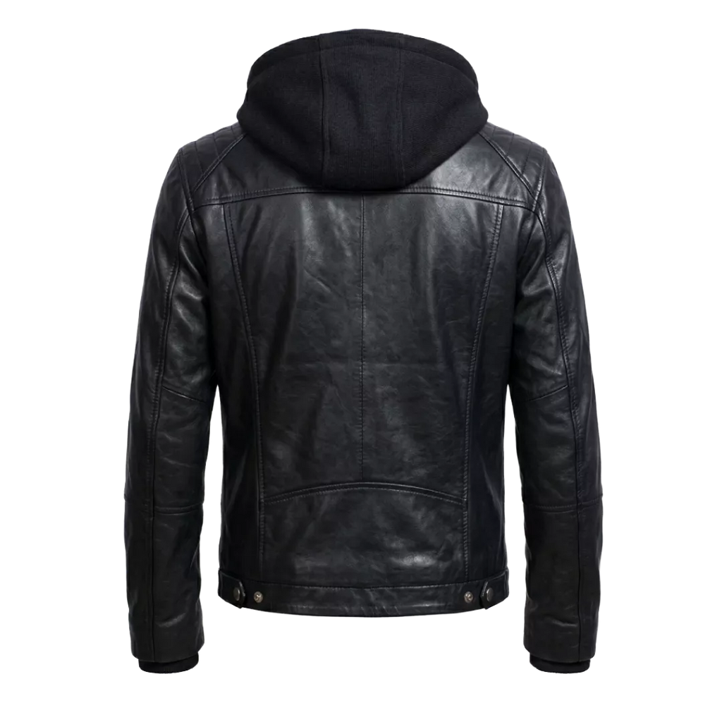 Men’s Black Hooded Leather Jacket – Casual Zip-Up Motorcycle Leather Jacket With Removable Hood