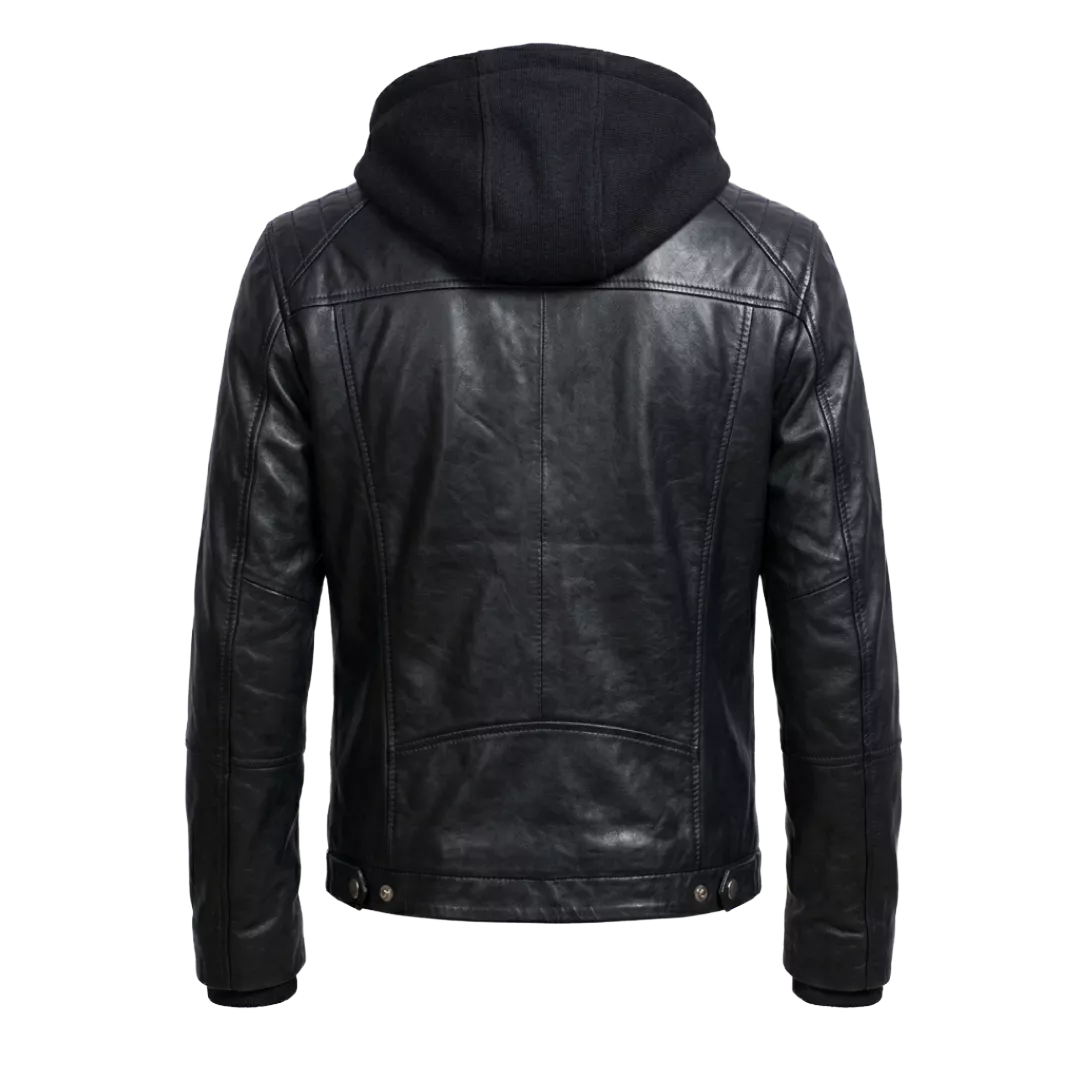 Men’s Black Hooded Leather Jacket – Casual Zip-Up Motorcycle Leather Jacket With Removable Hood