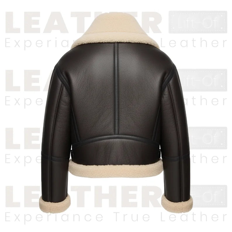 Damen Lederjacke mit Lammfellkragen – Wintermantel in Schokobraun