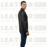 Men’s Black Cafe Racer Leather Jacket with Front Zip Closure