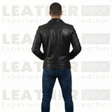 Men’s Black Cafe Racer Leather Jacket with Front Zip Closure