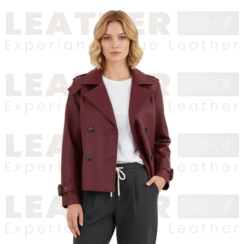Women’s Burgundy Leather Trench-Style Jacket