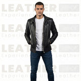 Men’s Black Cafe Racer Leather Jacket with Front Zip Closure