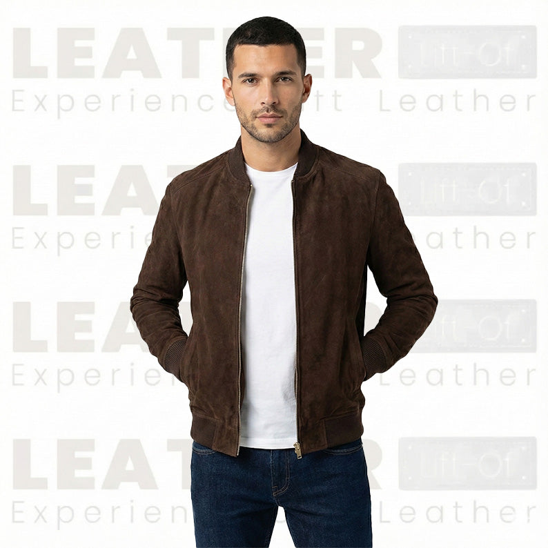 Blouson aviateur en cuir suédé chocolat haut de gamme pour homme – Style urbain minimaliste