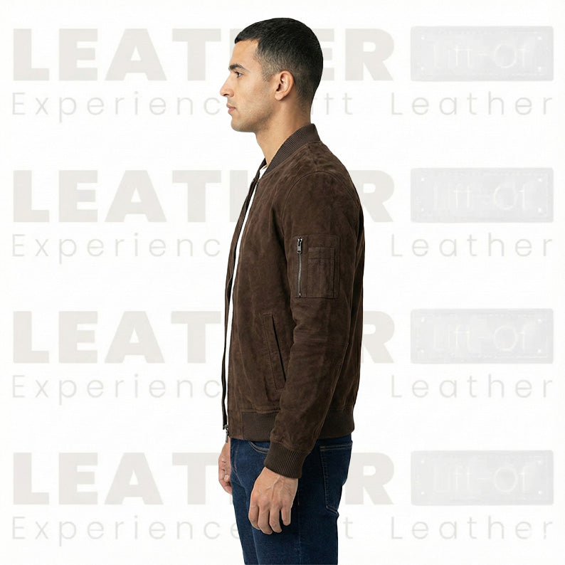 Blouson aviateur en cuir suédé chocolat haut de gamme pour homme – Style urbain minimaliste