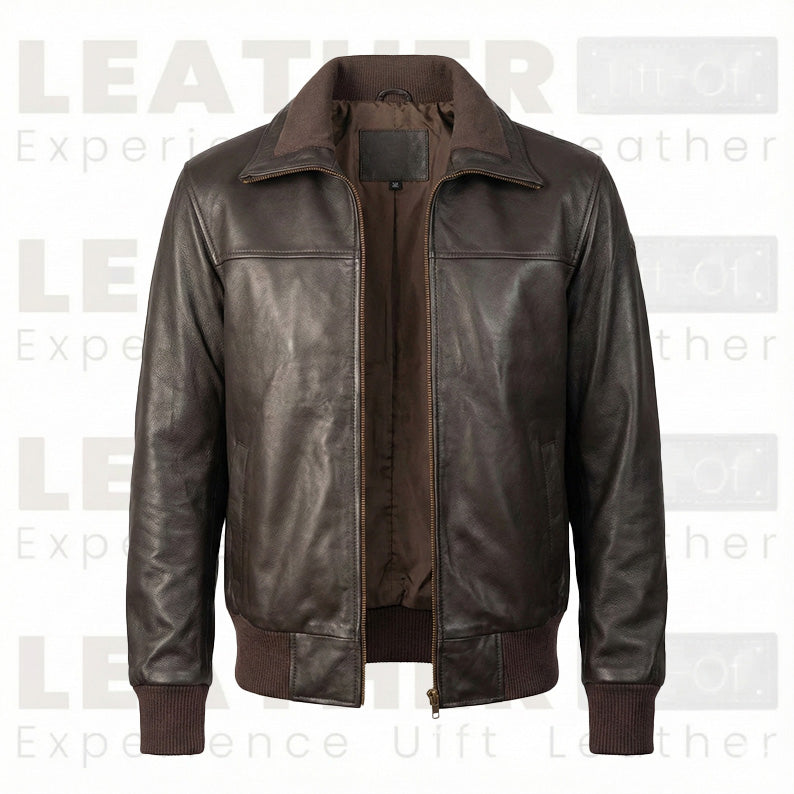 Men’s Classic Dark Brown Leather Bomber Jacket – Handcrafted Premium Leather