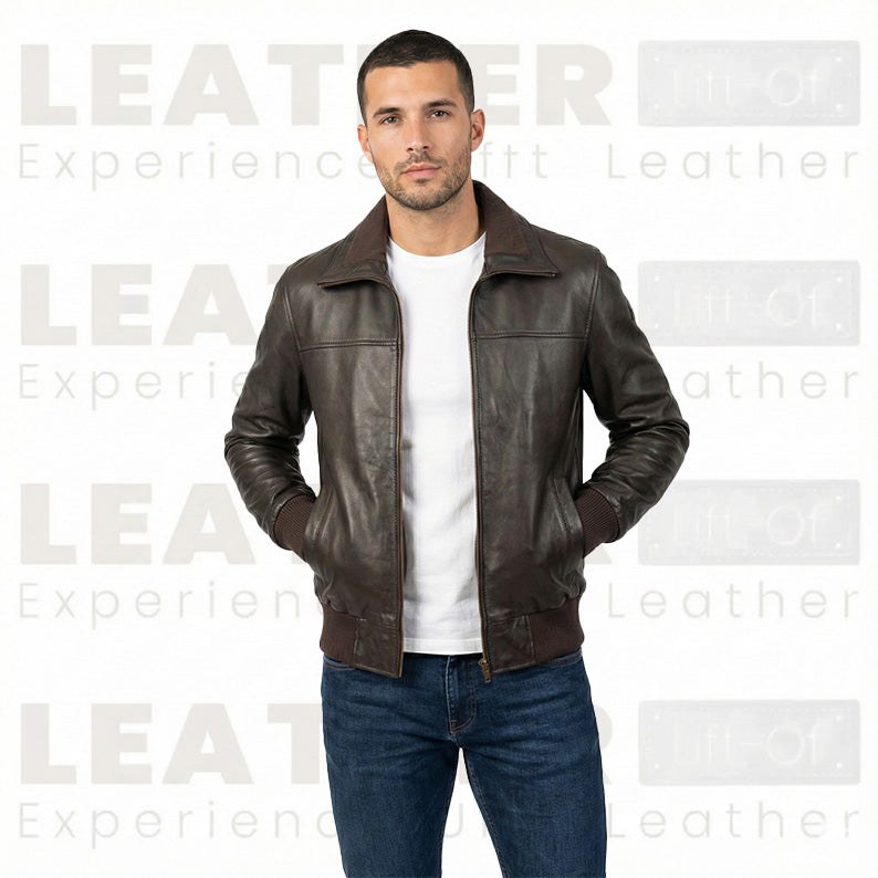 Blouson aviateur classique en cuir marron foncé pour homme – Cuir premium fait main