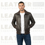 Blouson aviateur classique en cuir marron foncé pour homme – Cuir premium fait main