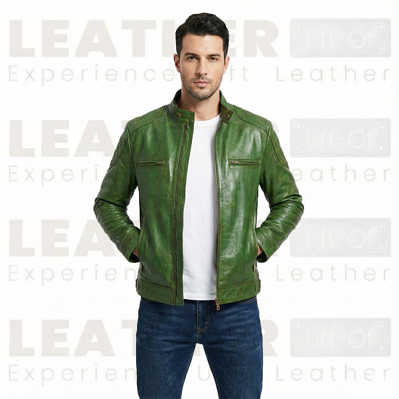 Men’s Vintage Forest Green Leather Cafe Racer – Hand-Burnished Biker Jacket
