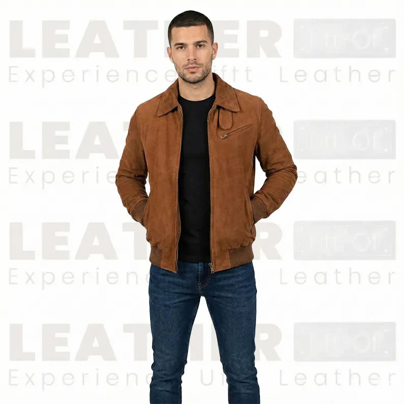 Blouson aviateur en daim chocolat pour homme - Daim de chèvre premium