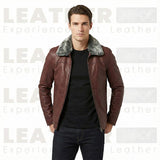 Men’s Premium Burgundy Leather Aviator Jacket with Faux Fur Collar