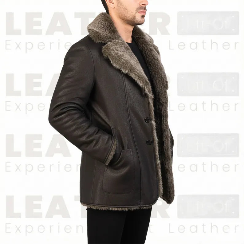 The "Aspen" Shearling Car Coat – Handcrafted Leather in Dark Walnut
