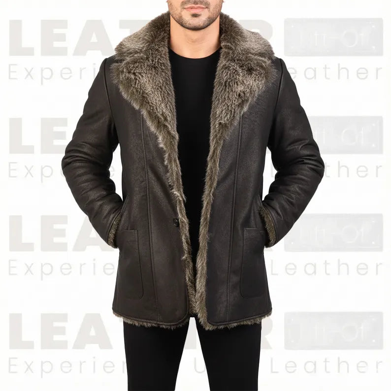 The "Aspen" Shearling Car Coat – Handcrafted Leather in Dark Walnut