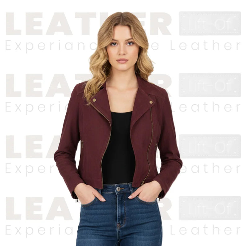 Blouson court en cuir bordeaux pour femme – Style motard zippé classique