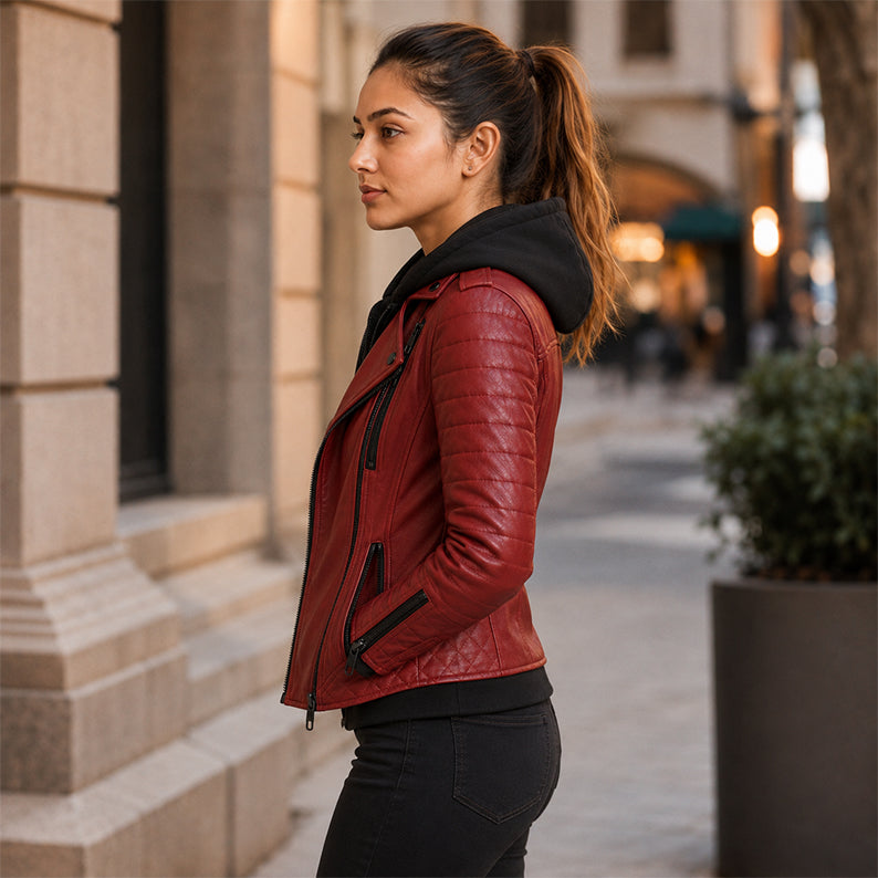Women’s Red Hooded Leather Biker Jacket | Quilted Moto Jacket