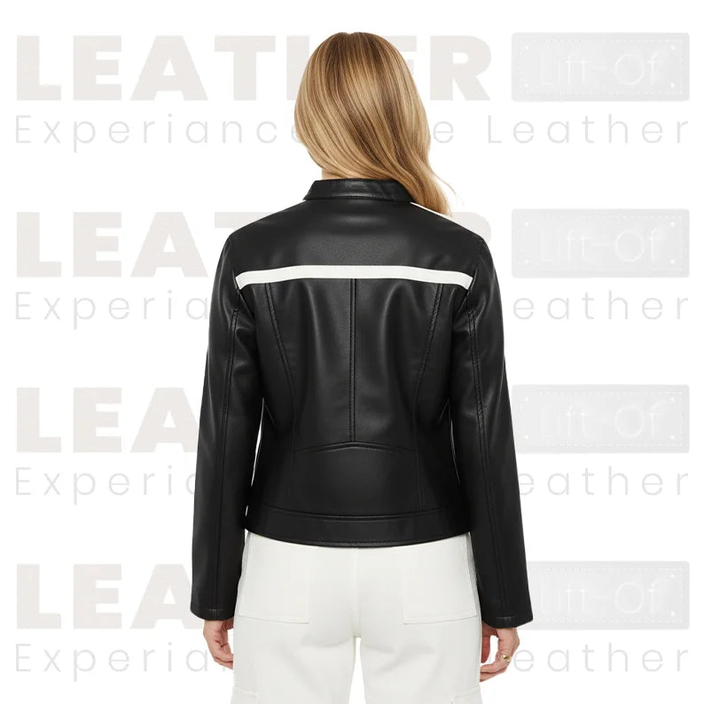 Damen Kunstleder-Motorradjacke mit Farbblockdesign in Schwarz und Weiß