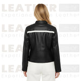 Damen Kunstleder-Motorradjacke mit Farbblockdesign in Schwarz und Weiß