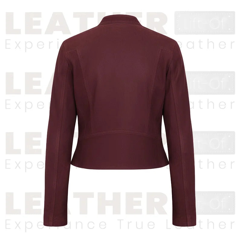 Blouson court en cuir bordeaux pour femme – Style motard zippé classique