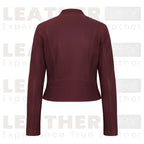 Women’s Burgundy Cropped Leather Jacket – Classic Zip Moto Style