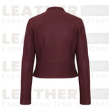 Blouson court en cuir bordeaux pour femme – Style motard zippé classique