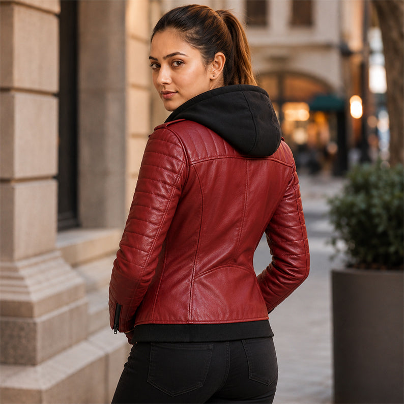 Women’s Red Hooded Leather Biker Jacket | Quilted Moto Jacket
