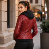 Women’s Red Hooded Leather Biker Jacket | Quilted Moto Jacket
