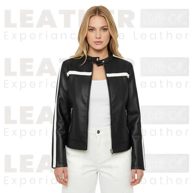 Damen Kunstleder-Motorradjacke mit Farbblockdesign in Schwarz und Weiß