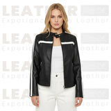 Damen Kunstleder-Motorradjacke mit Farbblockdesign in Schwarz und Weiß