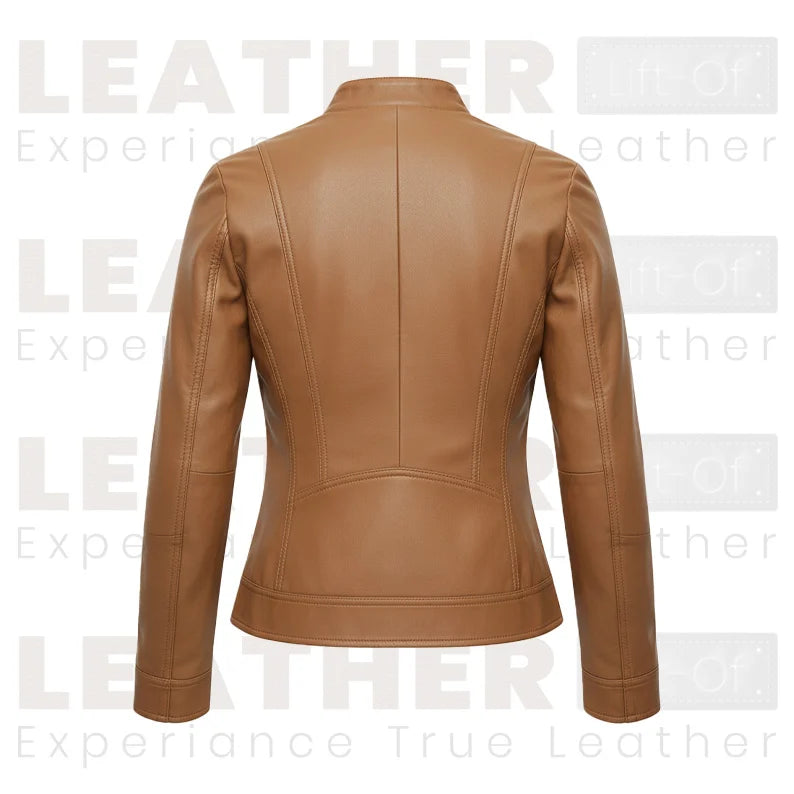 Veste en cuir marron clair pour femme – Style motard à fermeture éclair avant