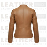 Veste en cuir marron clair pour femme – Style motard à fermeture éclair avant